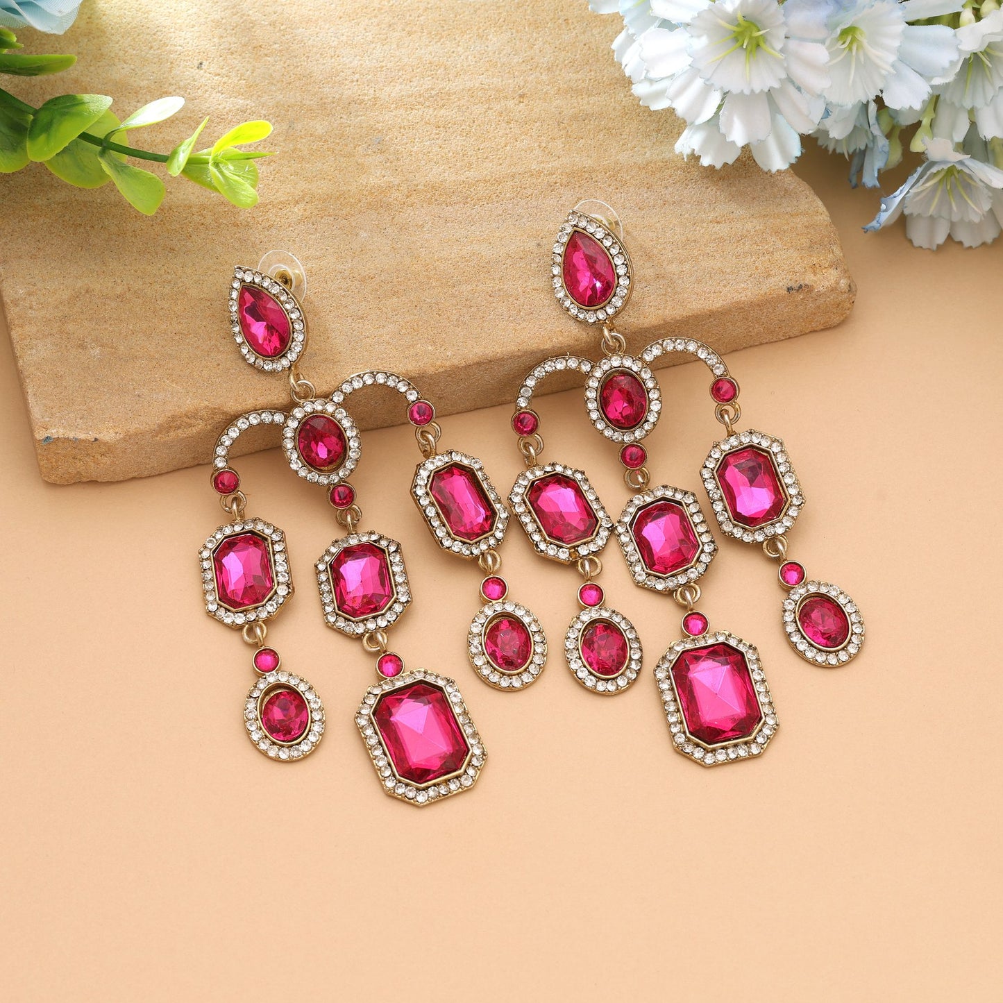 Rani Color Traditional Wedding Wear Kundan Earrings With Royal Ethnic Design