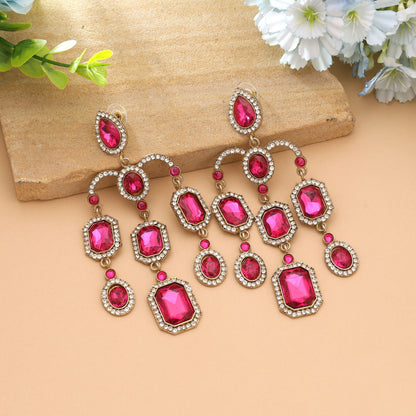 Rani Color Traditional Wedding Wear Kundan Earrings With Royal Ethnic Design