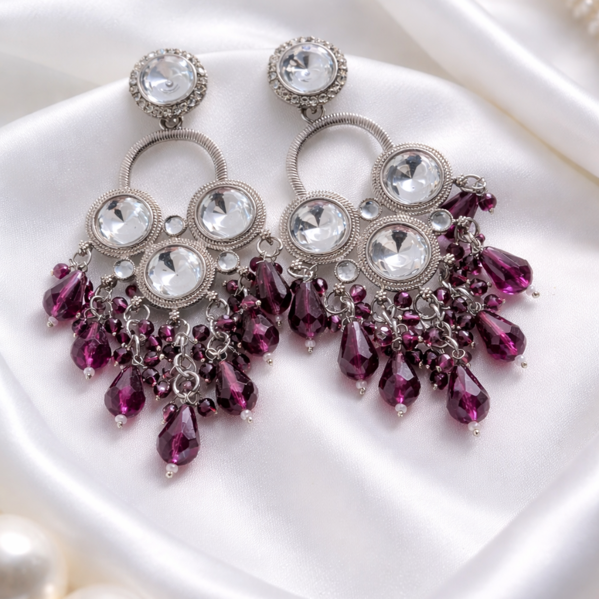 Purple Color Elegant Ethnic Kundan Earrings With Stylish Festive Jewelry Design