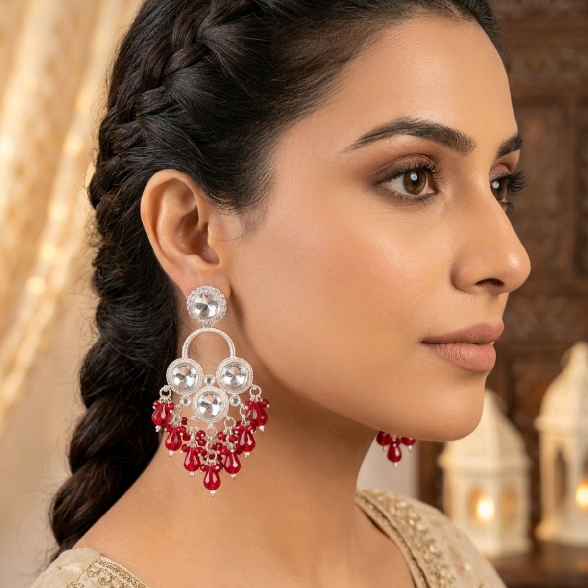 Rote Kundan-Ohrringe im Hochzeitsstil mit klassischem traditionellem Schmuck-Look