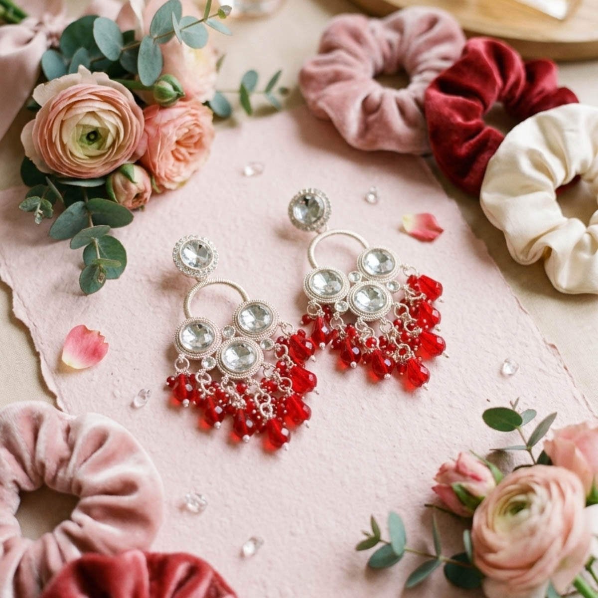 Rote Kundan-Ohrringe im Hochzeitsstil mit klassischem traditionellem Schmuck-Look