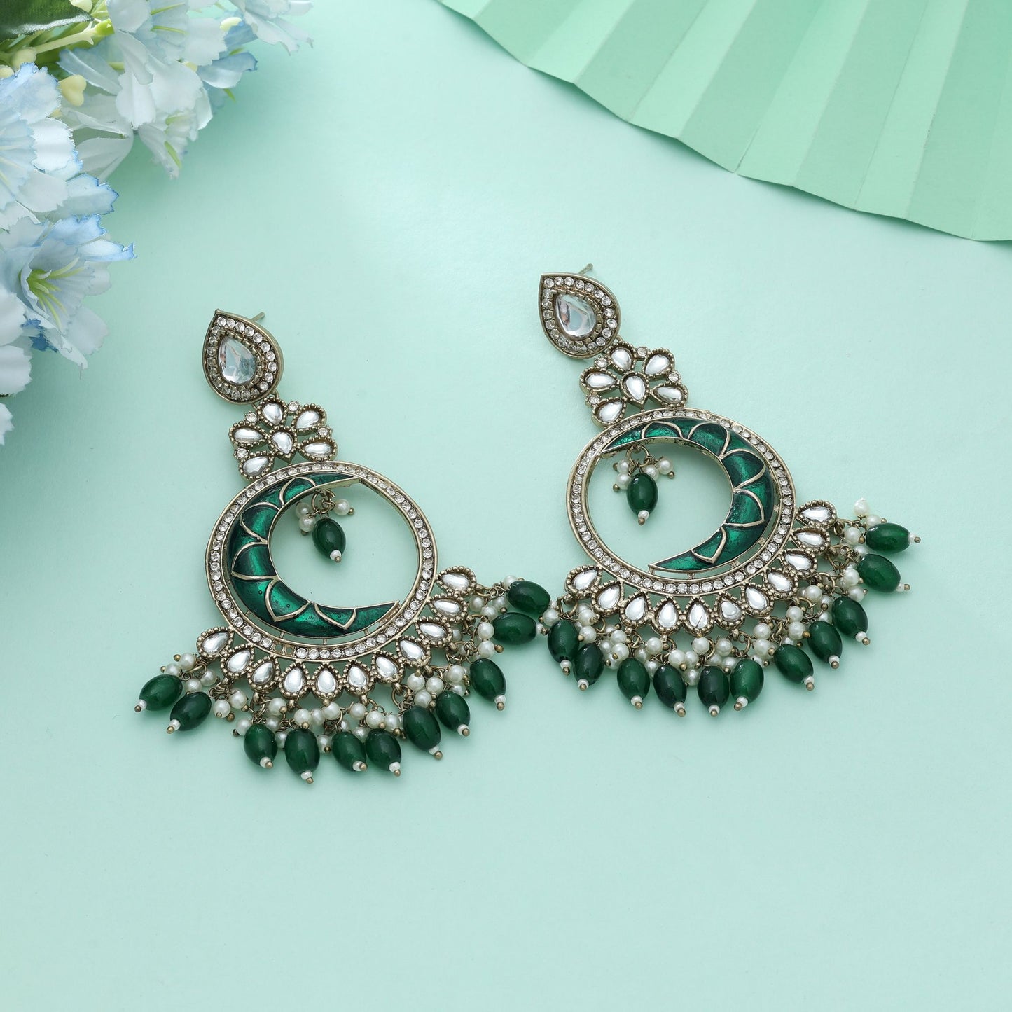 Green Color Meena Work Kundan Earrings Traditional Royal Indian Wedding Jewelry Design