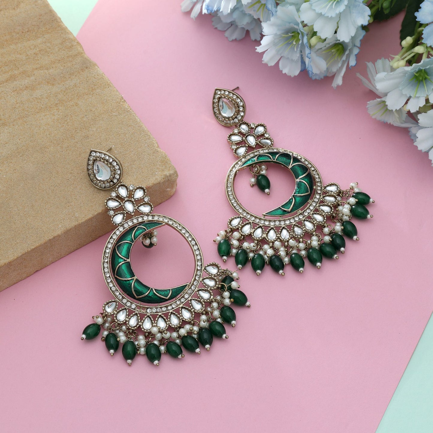 Green Color Meena Work Kundan Earrings Traditional Royal Indian Wedding Jewelry Design