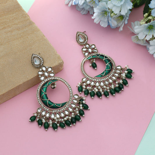 Green Color Meena Work Kundan Earrings Traditional Royal Indian Wedding Jewelry Design