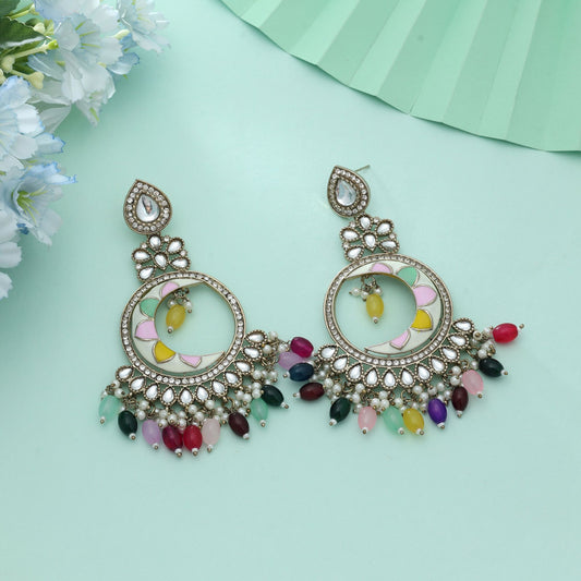 Multi Color Meena Work Kundan Earrings Vibrant Ethnic Festive Jewelry Statement Style