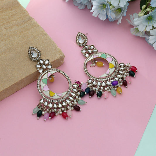 Multi Color Meena Work Kundan Earrings Vibrant Ethnic Festive Jewelry Statement Style