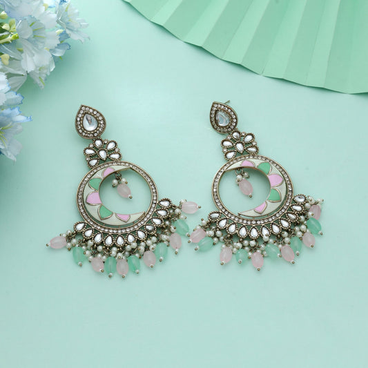 Pink & Pista Green Color Meena Work Kundan Earrings Elegant Traditional Jewelry