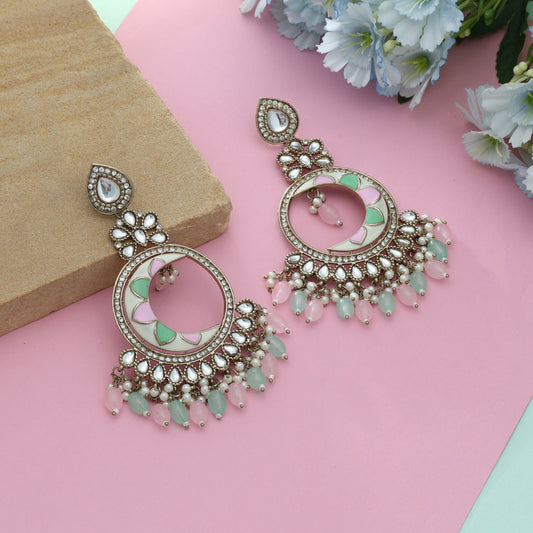 Pink & Pista Green Color Meena Work Kundan Earrings Elegant Traditional Jewelry