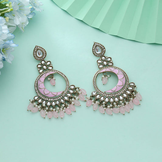 Pink Color Meena Work Kundan Earrings Elegant Feminine Ethnic Designer Jewelry Style