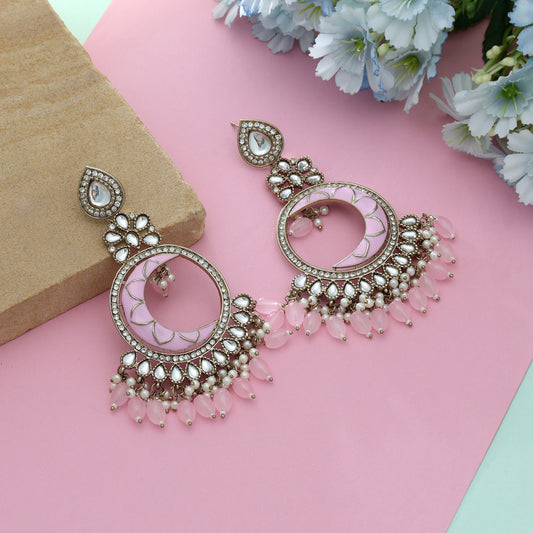 Pink Color Meena Work Kundan Earrings Elegant Feminine Ethnic Designer Jewelry Style