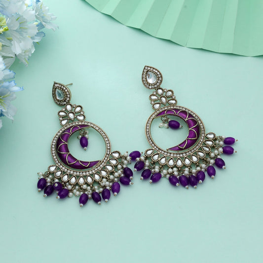 Purple Color Meena Work Kundan Earrings Stylish Traditional Ethnic Designer Jewelry Piece