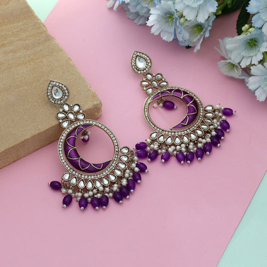 Purple Color Meena Work Kundan Earrings Stylish Traditional Ethnic Designer Jewelry Piece