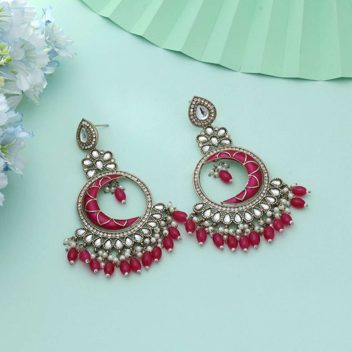 Rani Color Meena Work Kundan Earrings Elegant Festive Traditional Indian Jewelry Style
