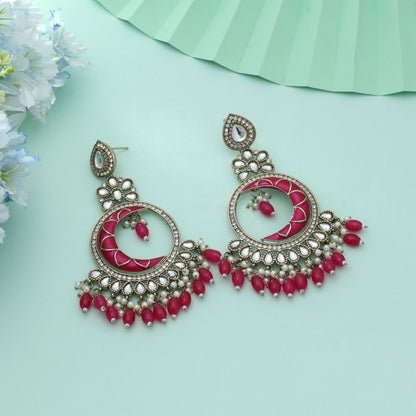 Rani Color Meena Work Kundan Earrings Elegant Festive Traditional Indian Jewelry Style