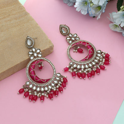 Rani Color Meena Work Kundan Earrings Elegant Festive Traditional Indian Jewelry Style