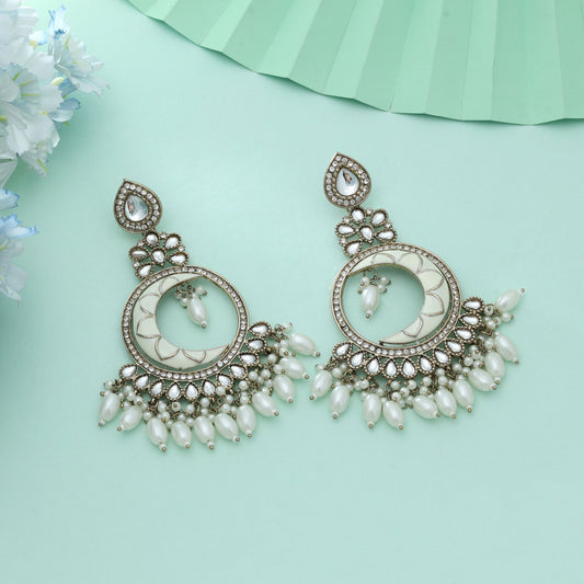 White Color Meena Work Kundan Earrings Elegant Classic Traditional Wedding Jewelry Style