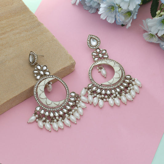 White Color Meena Work Kundan Earrings Elegant Classic Traditional Wedding Jewelry Style