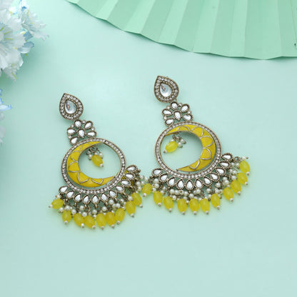 Yellow Color Meena Work Kundan Earrings Bright Festive Traditional Jewelry Statement