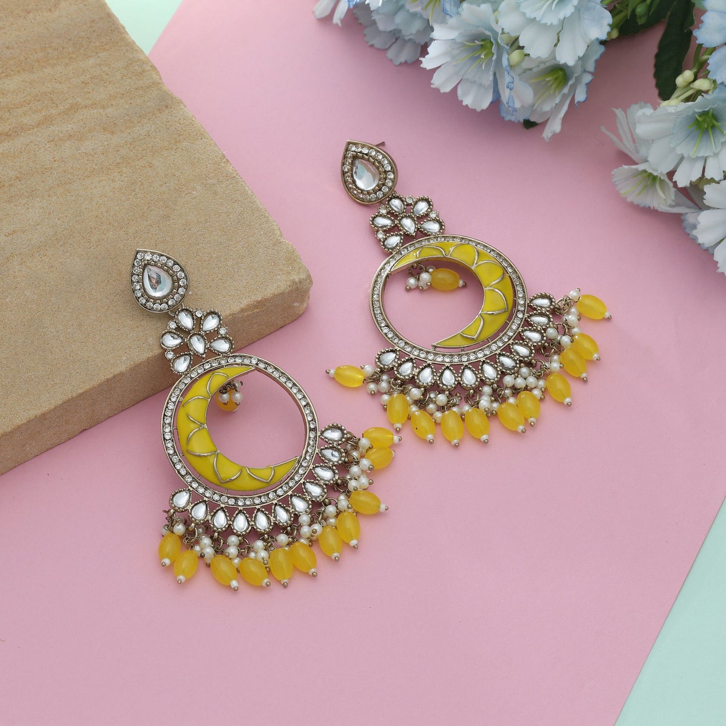 Yellow Color Meena Work Kundan Earrings Bright Festive Traditional Jewelry Statement