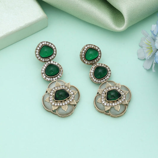 Green Color Kundan Earrings Classic Traditional Indian Jewelry Elegant Party Style
