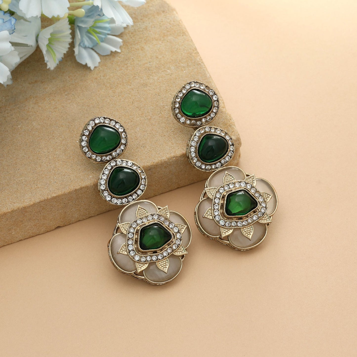 Green Color Kundan Earrings Classic Traditional Indian Jewelry Elegant Party Style