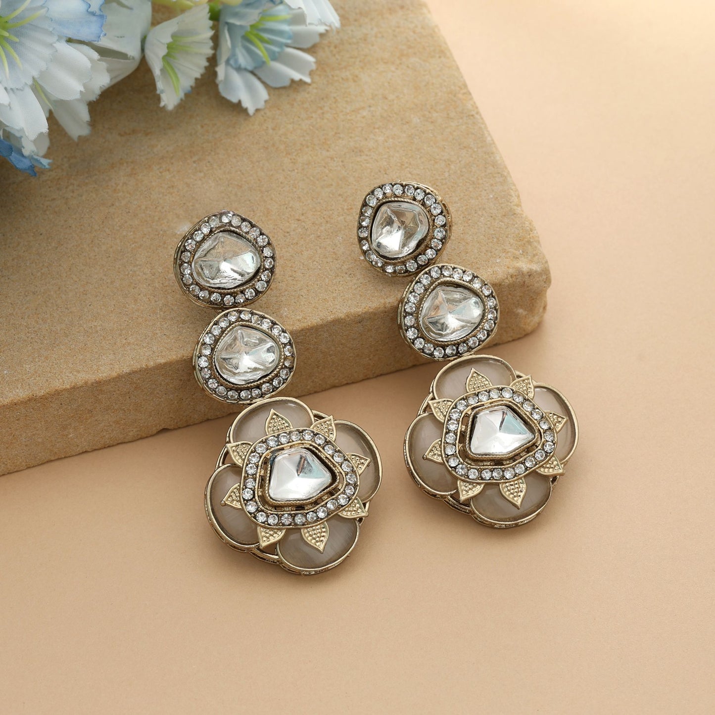 White Color Kundan Earrings Classic Ethnic Wedding Jewelry Elegant Statement Style