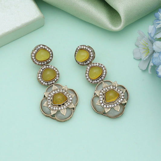 Yellow Color Kundan Earrings Elegant Traditional Ethnic Jewelry Style For Women
