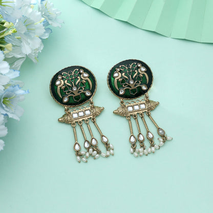 Green Color Meena Work Kundan Earrings Royal Ethnic Wedding Jewelry Statement