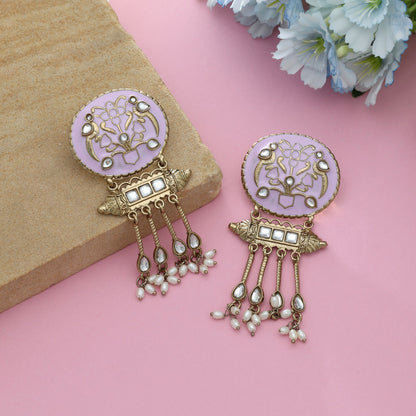 Light Purple Color Meena Work Kundan Earrings Elegant Traditional Designer Jewelry Style
