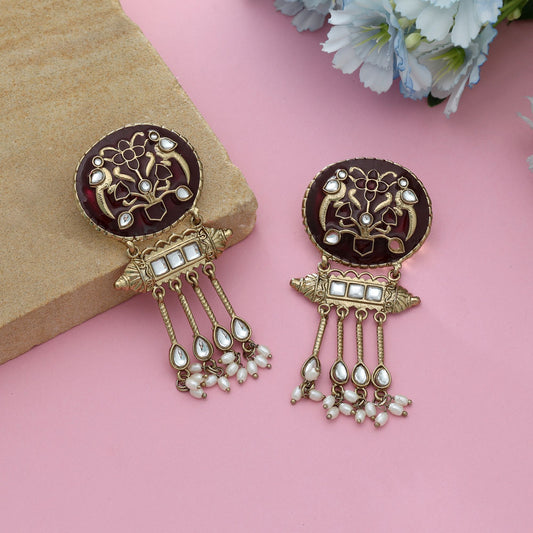 Ohrringe mit Meena-Arbeit in Maroon und Kundan im klassischen ethnischen Brautschmuckdesign