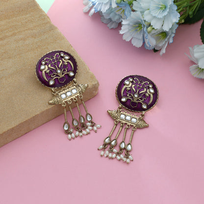 Purple Color Meena Work Kundan Earrings Royal Ethnic Designer Jewelry Style