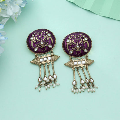 Purple Color Meena Work Kundan Earrings Royal Ethnic Designer Jewelry Style