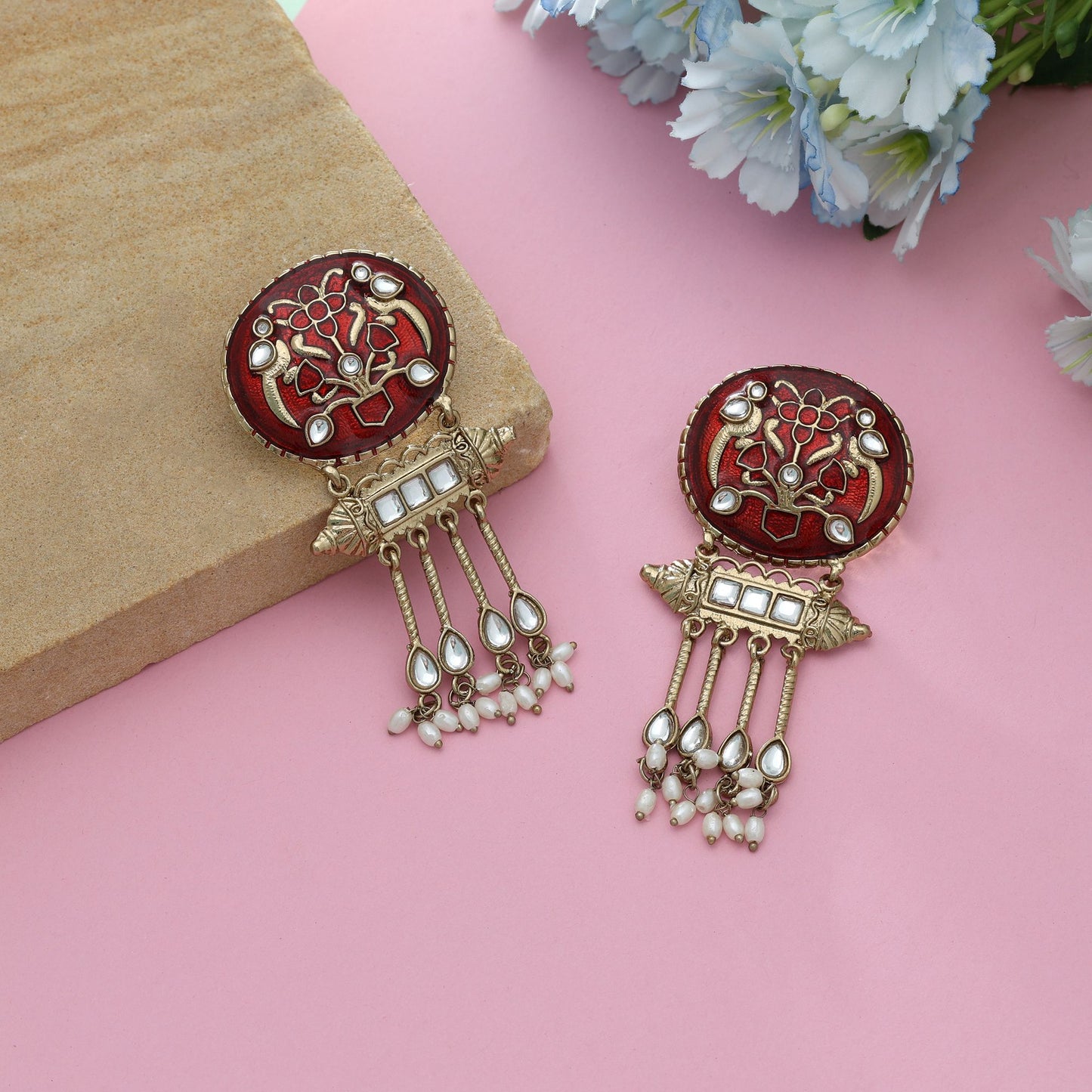 Rote Meena-Arbeit Kundan-Ohrringe, markantes, traditionelles Brautschmuck-Design