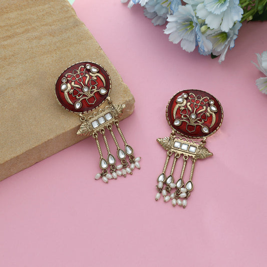 Rote Meena-Arbeit Kundan-Ohrringe, markantes, traditionelles Brautschmuck-Design