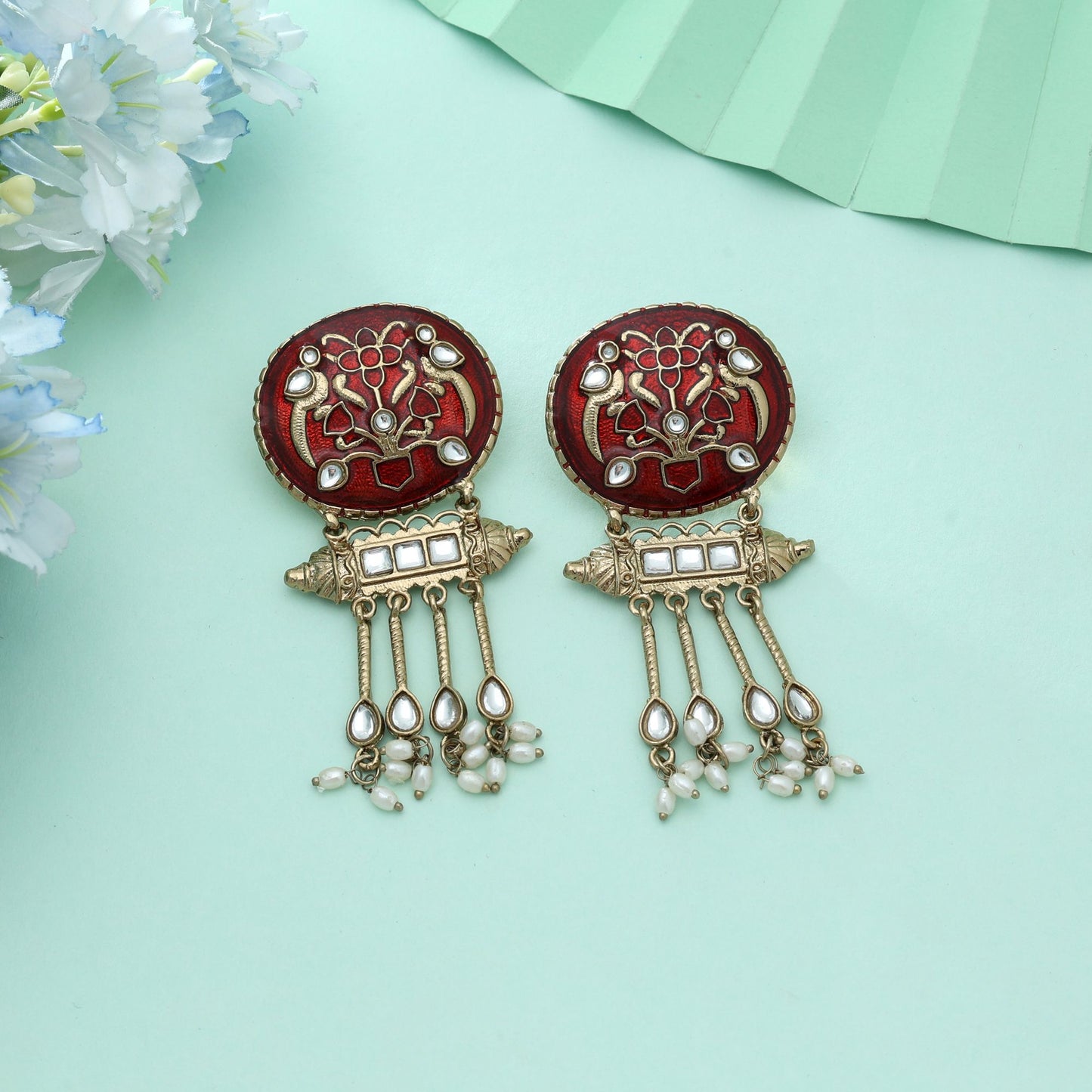 Rote Meena-Arbeit Kundan-Ohrringe, markantes, traditionelles Brautschmuck-Design