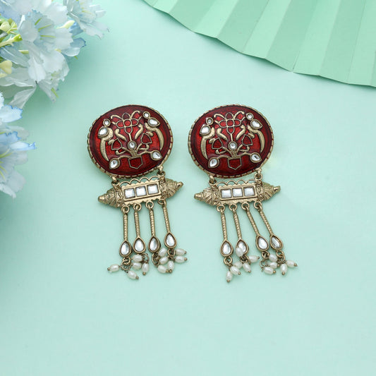 Rote Meena-Arbeit Kundan-Ohrringe, markantes, traditionelles Brautschmuck-Design