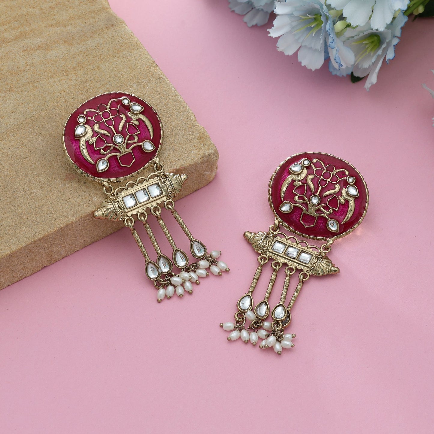 Rani Color Meena Work Kundan Earrings Royal Indian Wedding Jewelry Statement