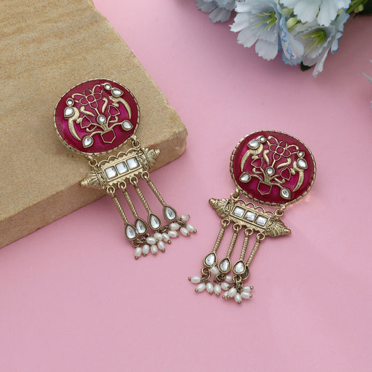 Rani Color Meena Work Kundan Earrings Royal Indian Wedding Jewelry Statement