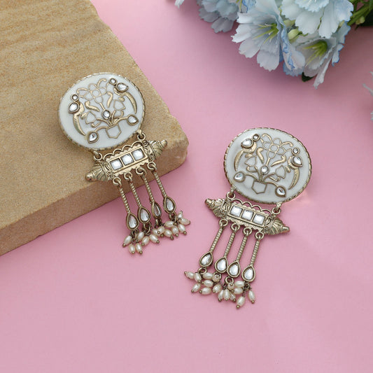 White Color Meena Work Kundan Earrings Elegant Ethnic Wedding Jewelry Style