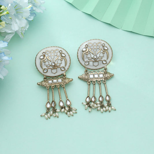 White Color Meena Work Kundan Earrings Elegant Ethnic Wedding Jewelry Style