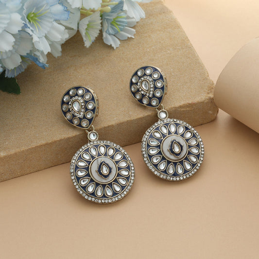 Blue Color Meena Work Kundan Earrings Royal Ethnic Party Wear Jewelry