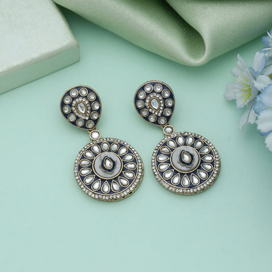 Blue Color Meena Work Kundan Earrings Royal Ethnic Party Wear Jewelry