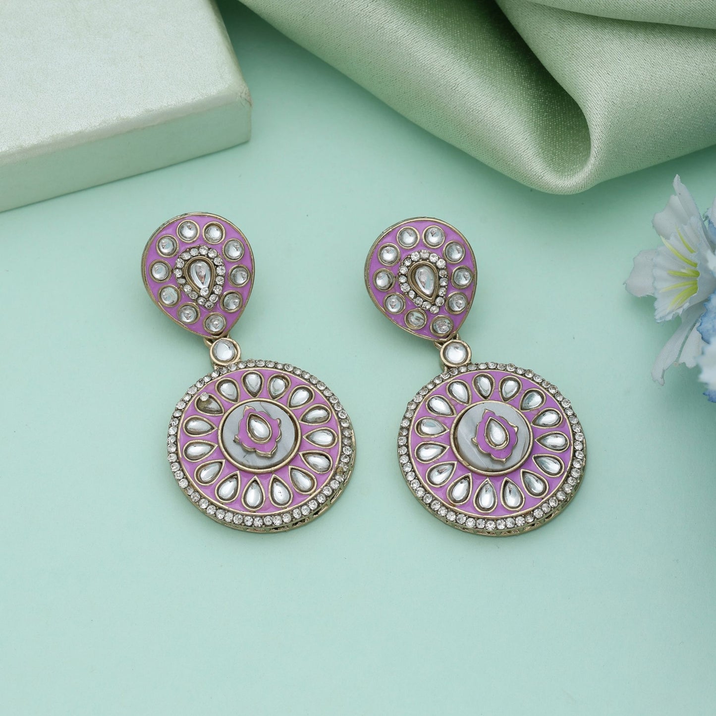 Light Purple Color Meena Work Kundan Earrings Stylish Traditional Designer Jewelry