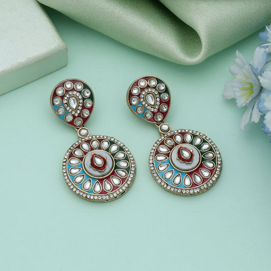 Multi Color Meena Work Kundan Earrings Festive Ethnic Designer Jewelry Statement