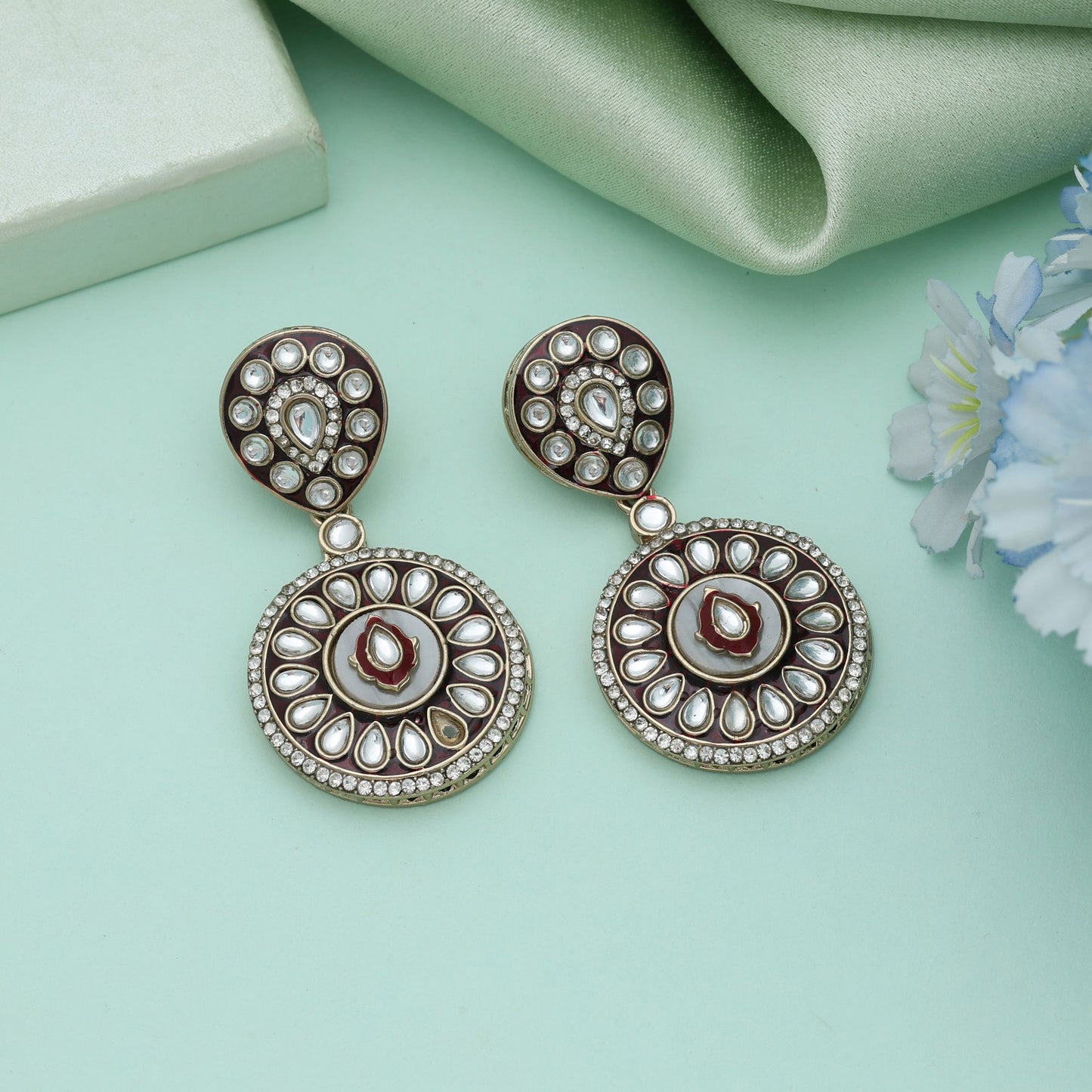 Maroon Color Meena Work Kundan Earrings Royal Ethnic Bridal Jewelry Design