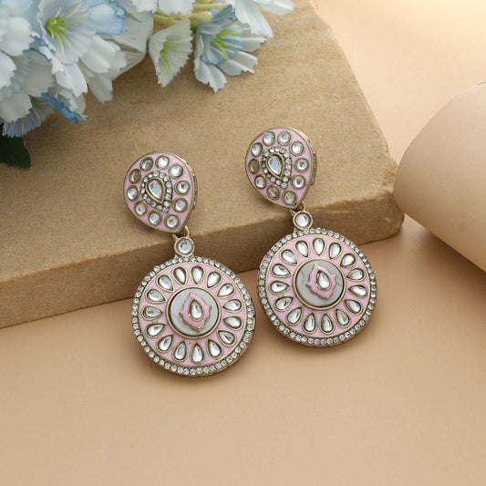 Pink Color Meena Work Kundan Earrings Elegant Feminine Ethnic Jewelry Style