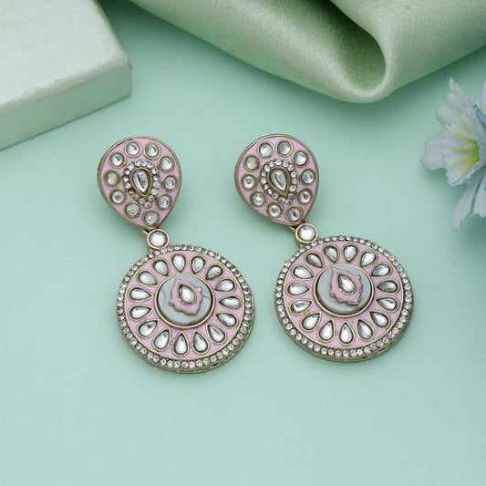 Pink Color Meena Work Kundan Earrings Elegant Feminine Ethnic Jewelry Style