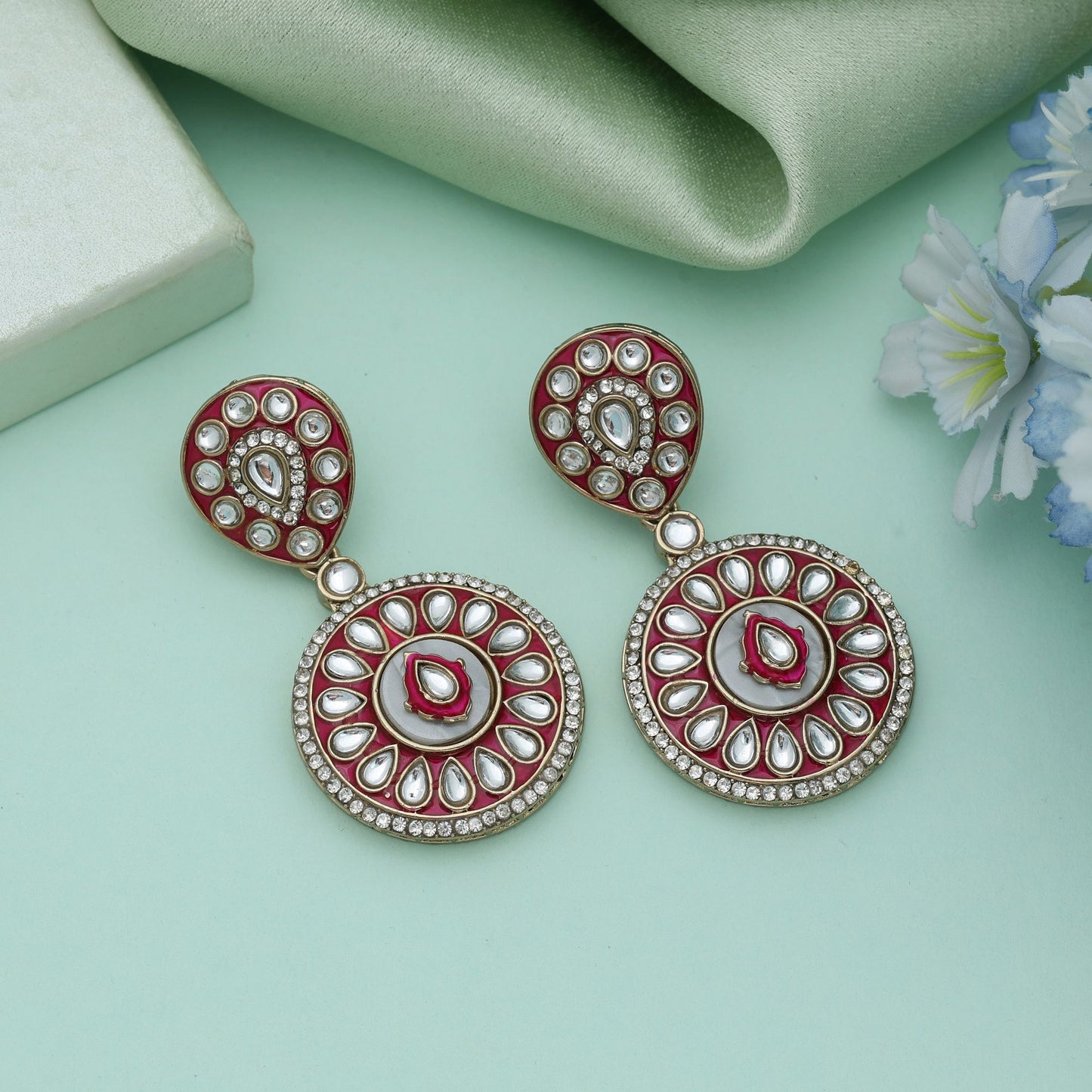 Rot Farbe Meena Arbeit Kundan Ohrringe Traditioneller Hochzeitsschmuck Statement-Stil