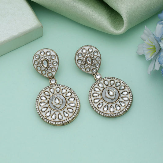 White Color Meena Work Kundan Earrings Elegant Classic Wedding Jewelry Style