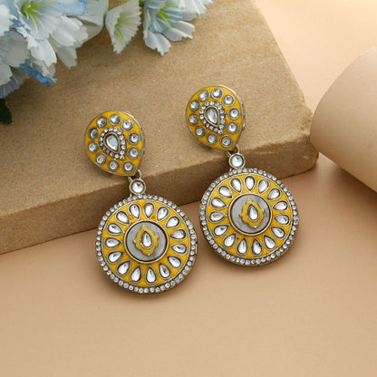 Yellow Color Meena Work Kundan Earrings Bright Festive Traditional Jewelry Design